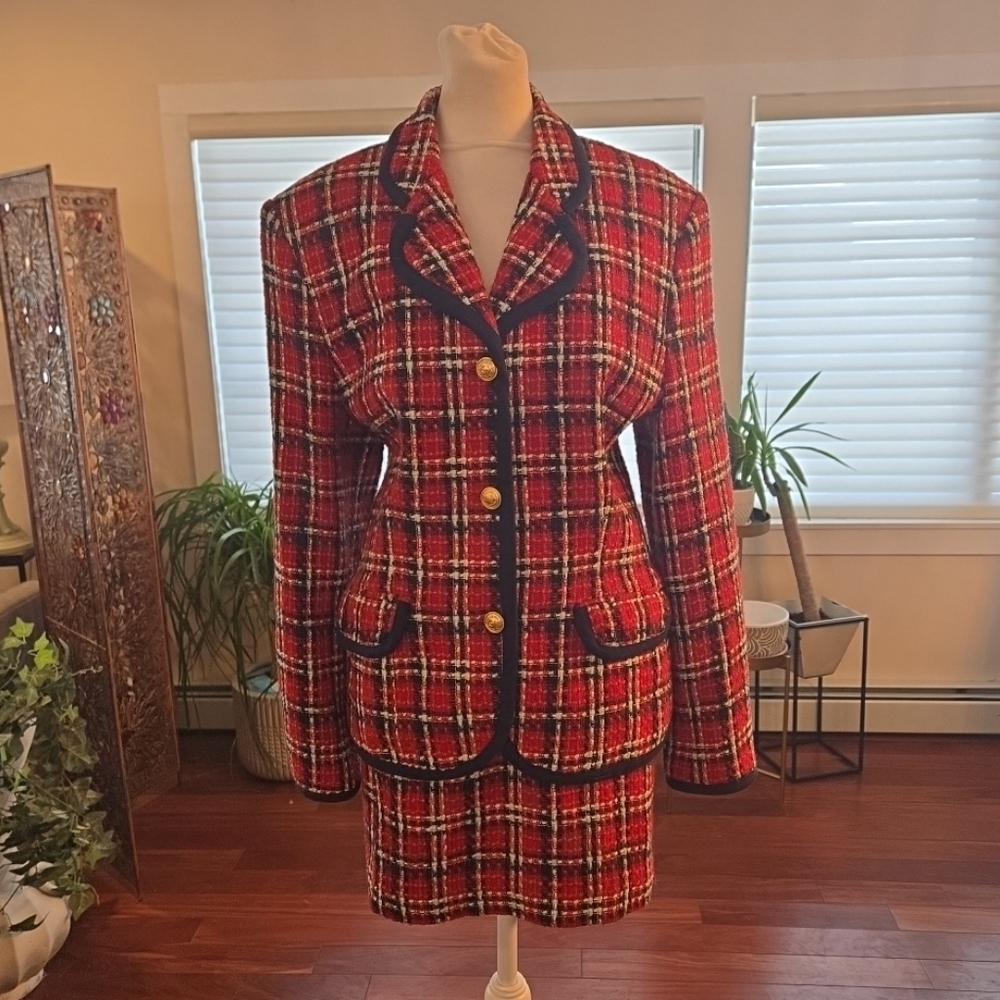 VTG Georges Marciano Old Money Tweed Plaid Preppy Skirt Blazer Suit Set Red 10